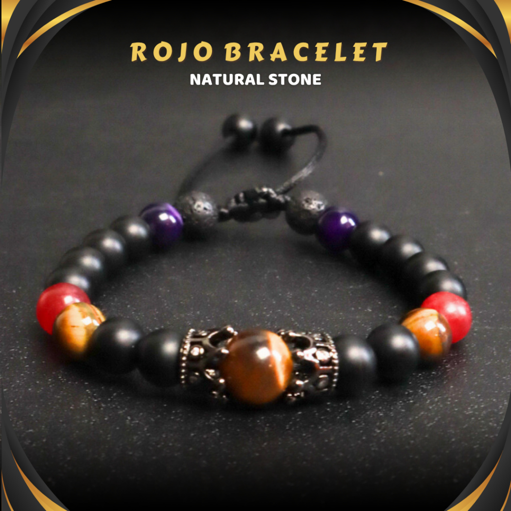 ROJO BRACELET - Gelang Serut Batu Alam Onyx Hitam Kombinasi Akik Kristal Merah Kecubung Ungu Premium