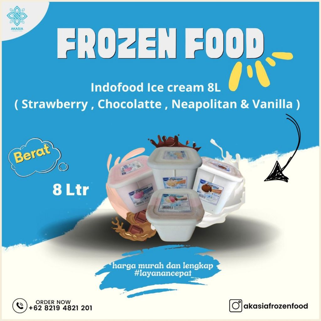

Indofood Ice cream 8L ( Strawberry , Chocolatte , Neapolitan & Vanilla )