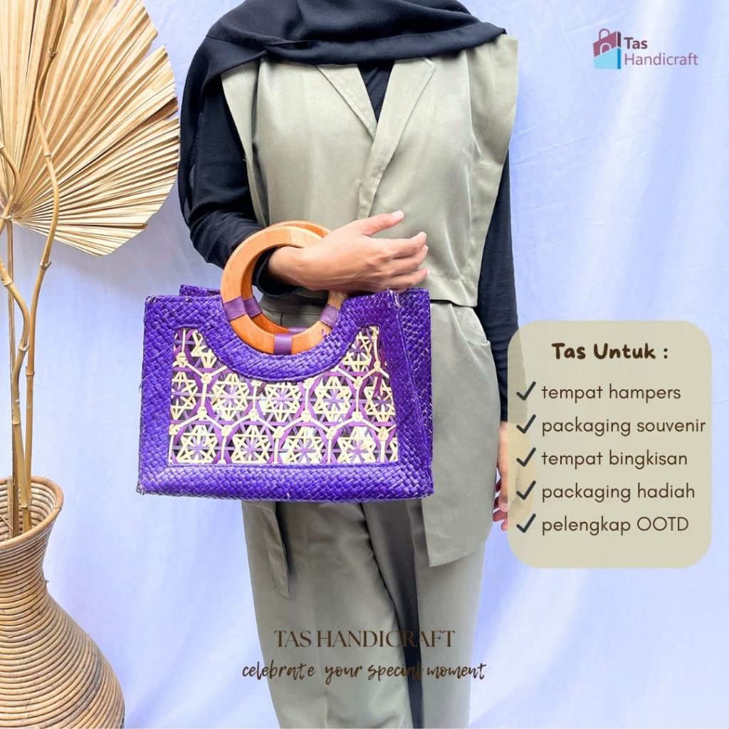 Tas Hampers Aqiqah Anak Anyaman Pandan Bambu Motif Ungu Handle Kayu | Tas Souvenir Custom Tasyakuran