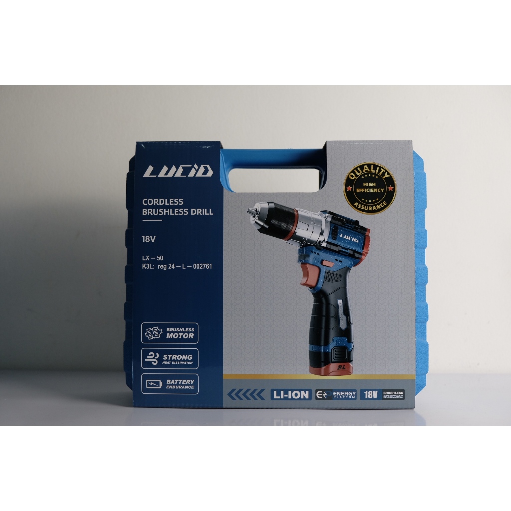 Lucid Bor LX-50, 2 Baterai Cordless Brushless Drill | 21V Li-ion Baterai 2.0Ah | ​Bor Beton Kayu Bes