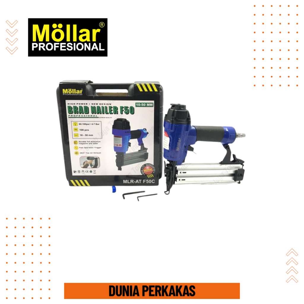 

MOLLAR Brad Nailer F50 Air Nailer - Mesin Alat Paku Tembak Angin 10-50 mm Staples Gun Stapler