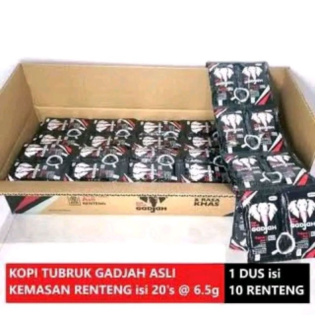 

Kopi Gajah Asli Renteng Isi 20 Sachet X 10 Renteng Kartonan, Coffee, kopi tubruk, kopi hitam, kopi Indonesia