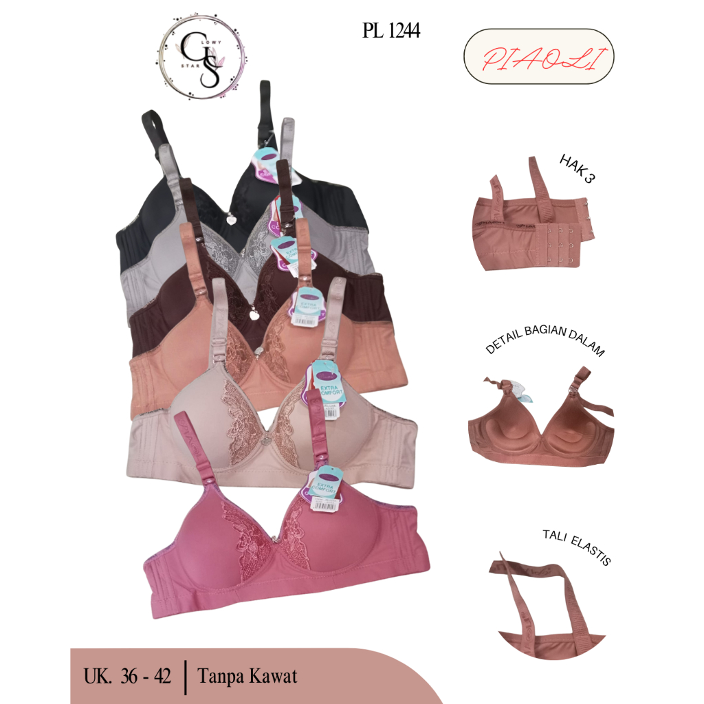 BH BRA Piaoli Cup Besar | BH Wanita Kait 3 | Lembut | jumbo | big size | model renda kupu | import