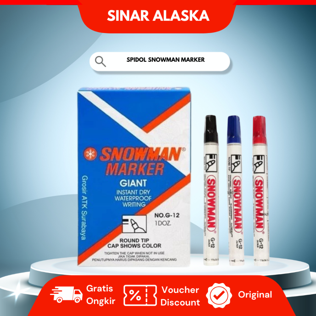 

(12 PCS) Spidol Snowman Marker Permanen G-12 Tidak Bisa di Hapus Warna Hitam Biru Merah
