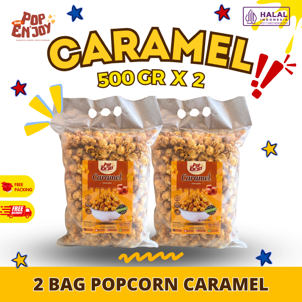 

[BUNDLING 2] CARAMEL POPCORN 1 KG - PopENjoy (2x500gr) / Camilan Manis Crispy Popkorn Jagung Sehat