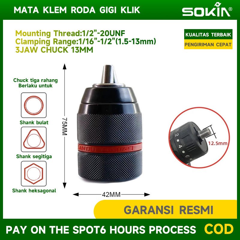 Sokin Kepala Bor Drill Chuck 13MM/20unf Chuck Bor Cordless Chuck Bor Gerinda Chuck Bor Listrik Chuck