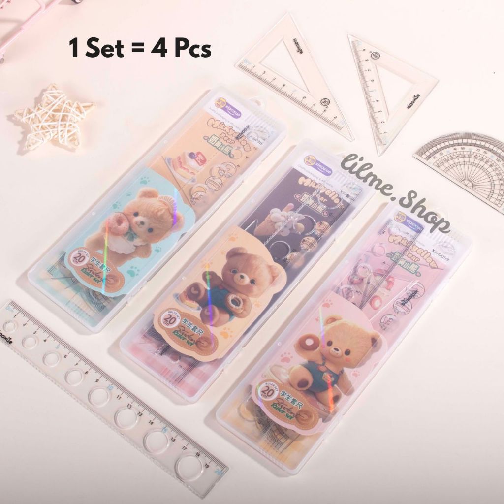 

[1 Set 4 Pcs] Penggaris Plastik Set Lengkap Lucu + Box Transparan Milkyellow Bear