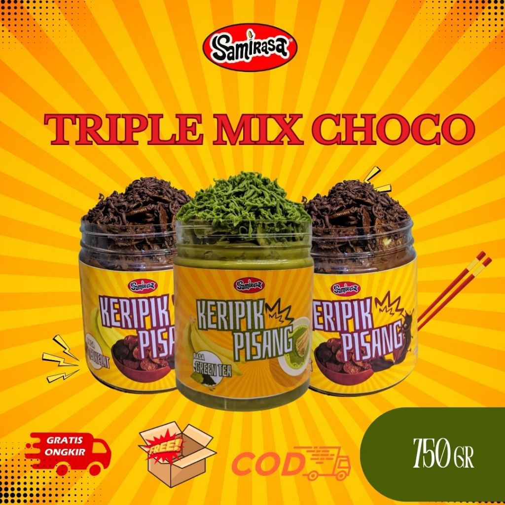 

Triple Mix Choco Keripik Pisang Lumer SAMIRASA 750gr _ [Maknanan Sehat Manis Kripik Coklat Bananal Cemilan Snack Viral Coklat Premium Coklate Greantea]