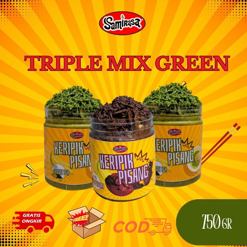 

Triple Mix Green Keripik Pisang Green tea SAMIRASA 750gr - [Makanan Sehat manis Keripik Macha Green tea Banana Cemilan Snack Viral Premium Coklat Coklat Green tea]