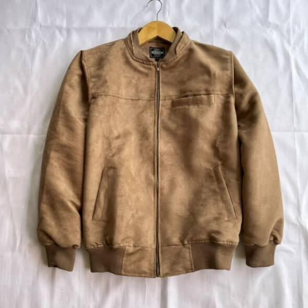 Jaket Bomber Suede Vintage Double Kerah Warna Cream