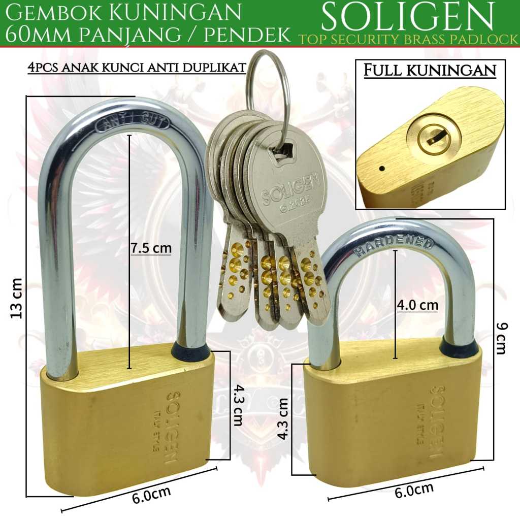 gembok per soligen kuningan 60mm pendek/panjang / Soligen top security padlock