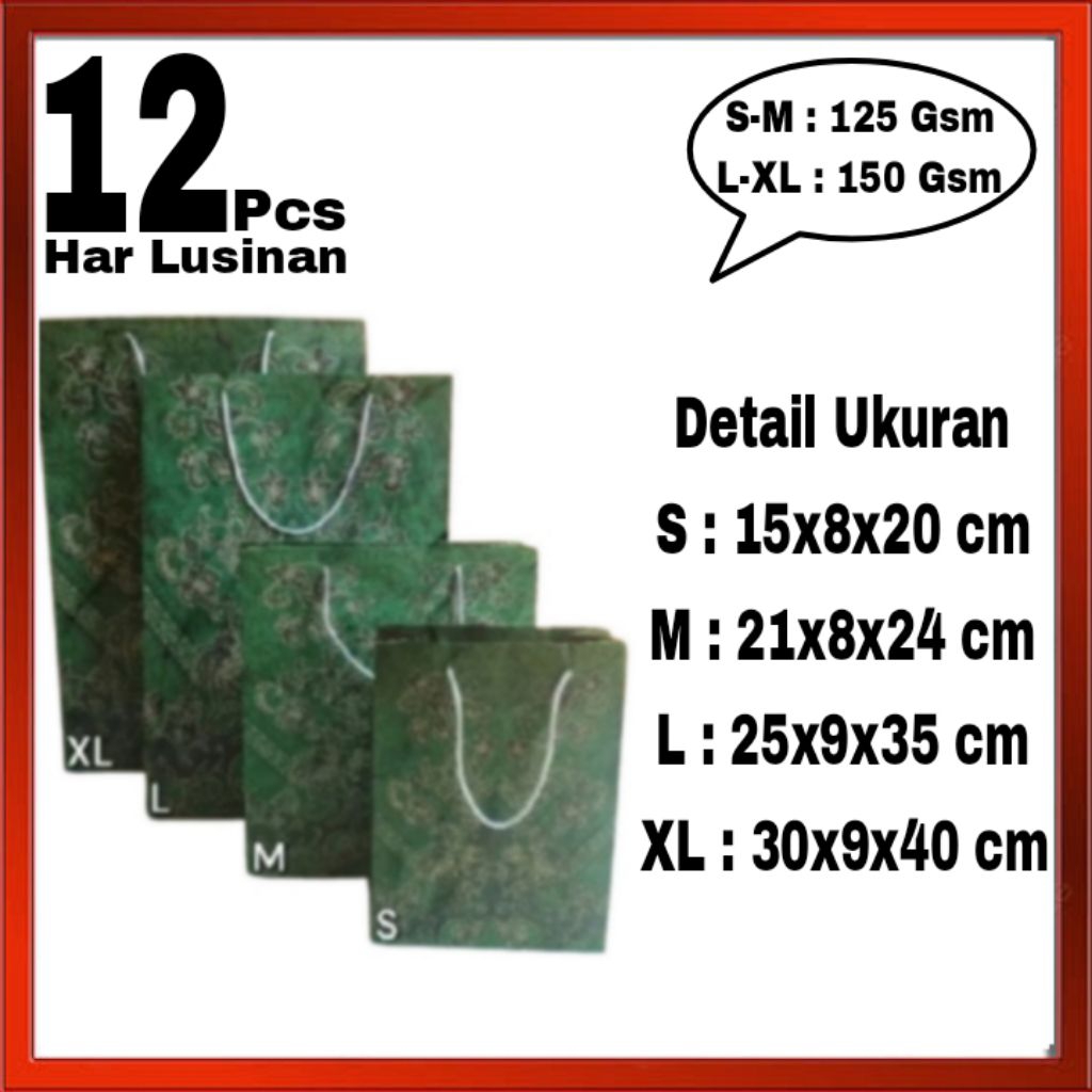 

1 LUSIN Tas BERKUALITAS PAPERBAG Batik Hijau Ukuran S,M,L,XL Souvenir,Seminar,Taskado,Batik,ulangtahun,Goodiebag