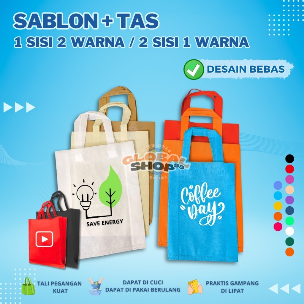 

CUSTOM SABLON PLUS TAS Goodie Bag HANDLE 1 SISI 2 WARNA / 2 SISI 1 WARNA Kantong Tas Belanja Totebag Spunbond Hampers Souvenir