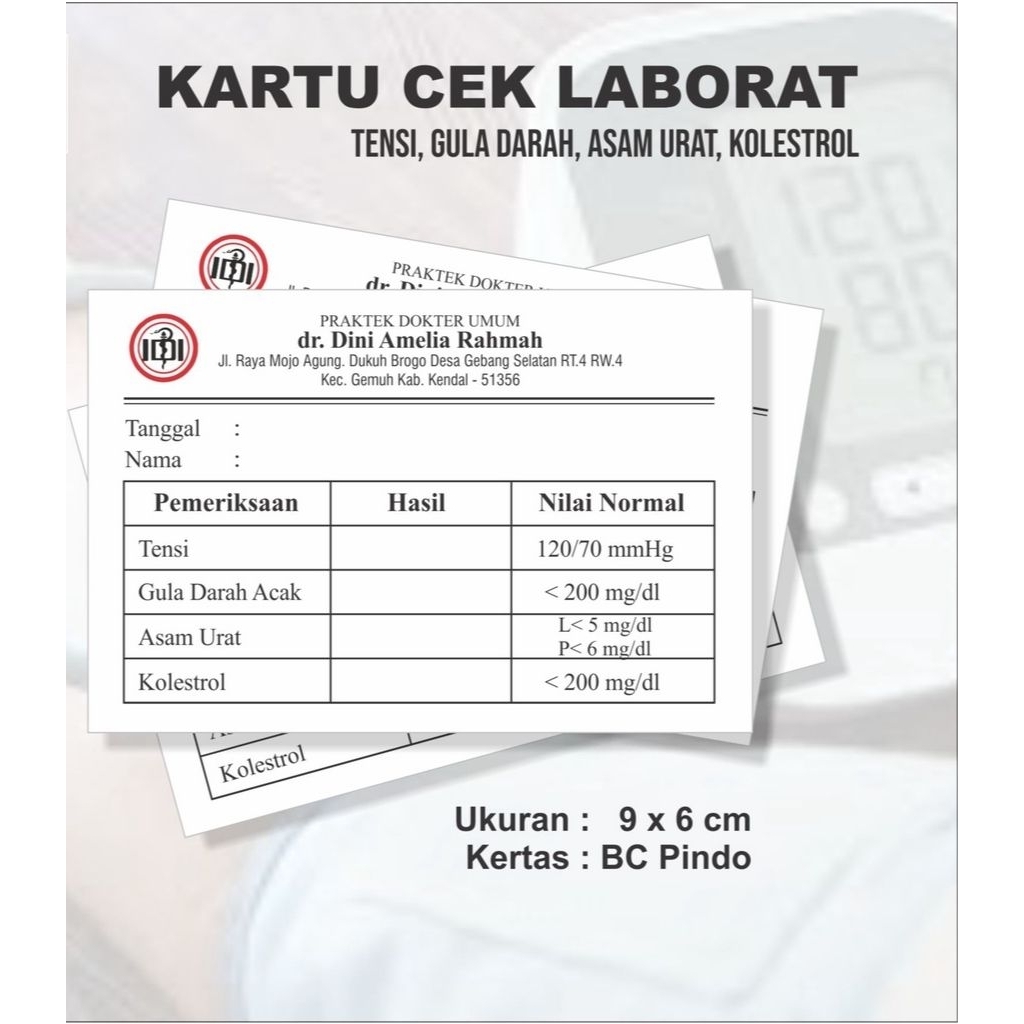 

Kartu Cek Gula Darah Kartu Cek Kolesterol 6x9 cm Custom