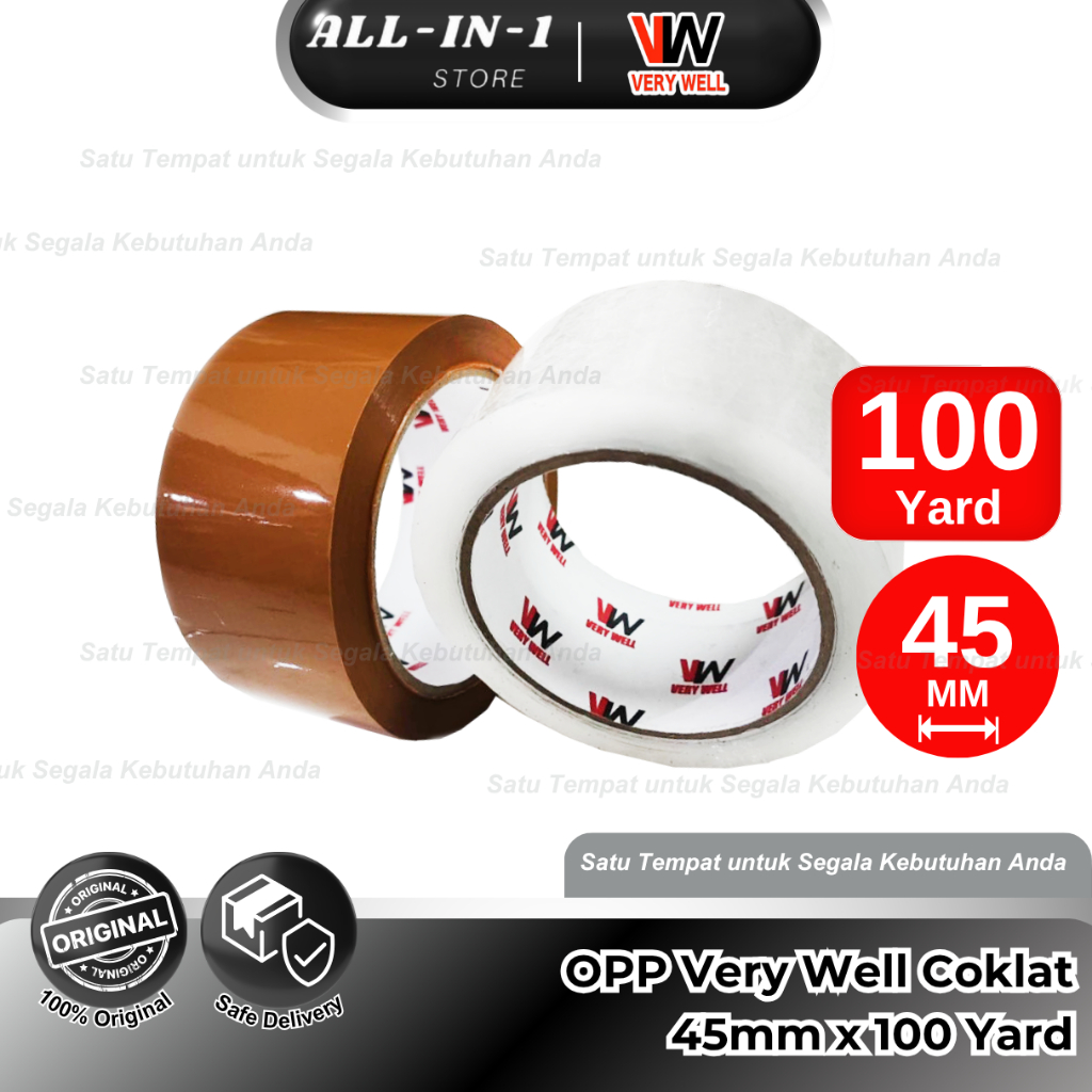 

Lakban OPP 45mm x 100 yard Very Well (VW) Warna Bening / Coklat