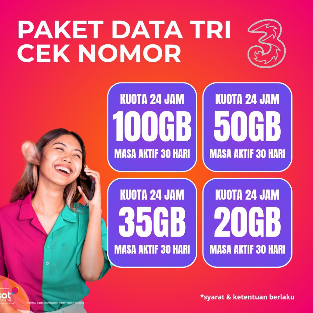 [100% Resmi] Paket Data Tri 100GB 50GB 35GB 20GB – Kuota 24 Jam 30 Hari | Langsung Masuk