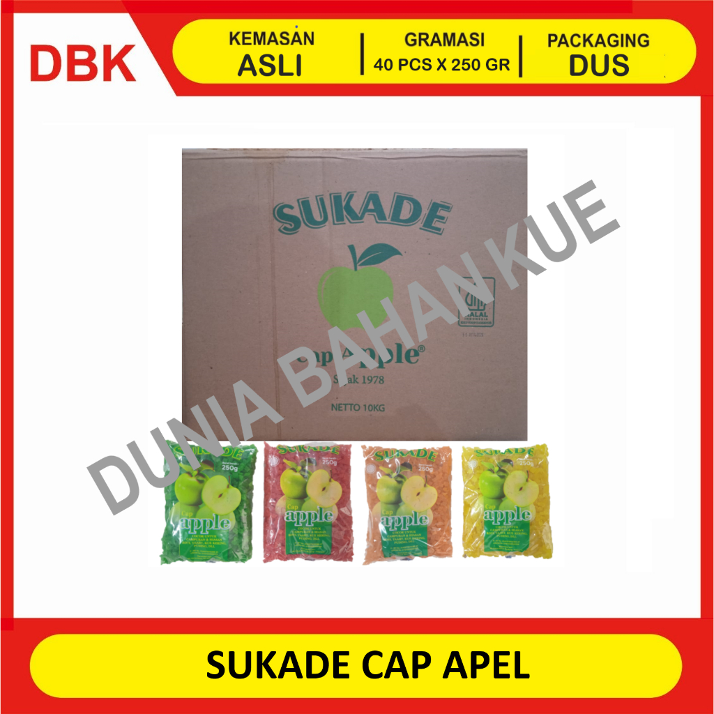 

SUKADE CAP APPLE / MANISAN BUAH KERING ANEKA WARNA / HIASAN KUE 250 GR - 1 CTN 40 PCS WARNA MIX CAMPUR
