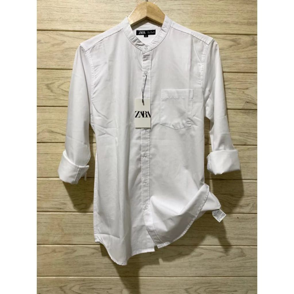 Kemeja Zara Putih Pria Kerah Sanghai Lengan Panjang Slim Fit