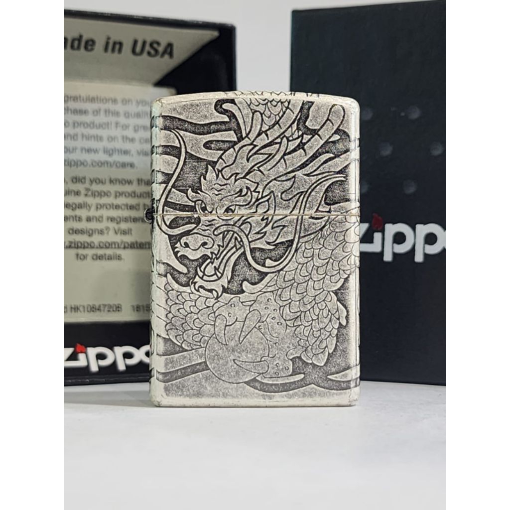 Original Zippo Armor Chinese Dragon Silver Plated Engrave 5 sisi