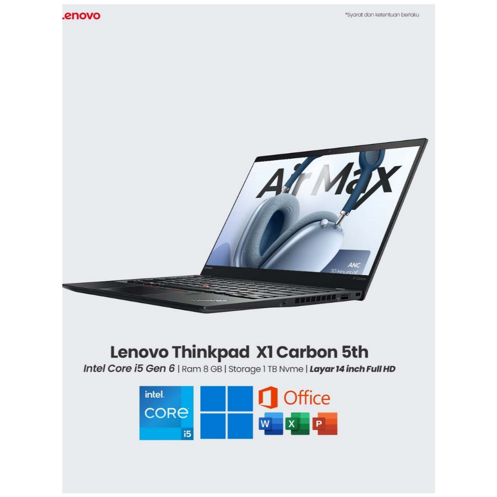 Laptop Lenovo Thinkpad X1 Carbon 5th Core i5 Gen 6 Ram 8 GB SSD 1 TB Layar 14 inch Full HD