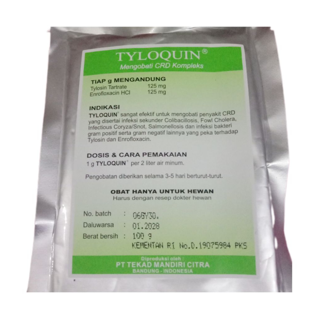 Tyloquin 100 gram - obat ayam untuk ngorok cekrek CRD coryza snot kolibasillosis.