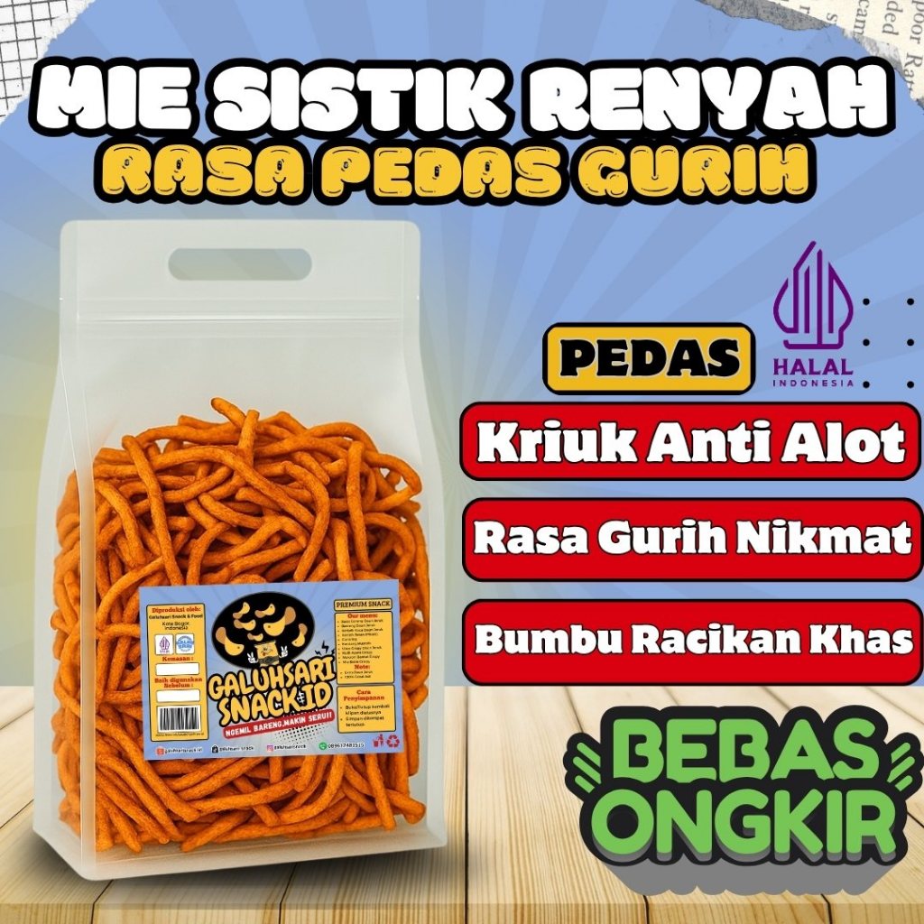 

Cemilan Mie Stik Sistik Sultan kiloan Rasa Pedas Gurih Nikmat Bumbu Cikruh Super Renyah Enak Viral