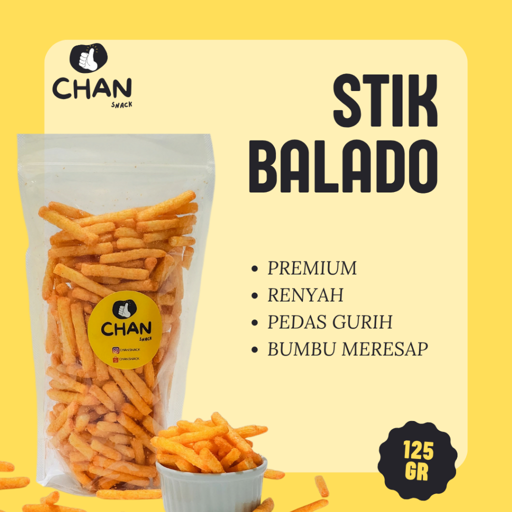 

Stik Balado Pedas Premium 125gr Renyah Kriuk Asin Pedas Gurih Cemilan Snack Kiloan CHAN SNACK