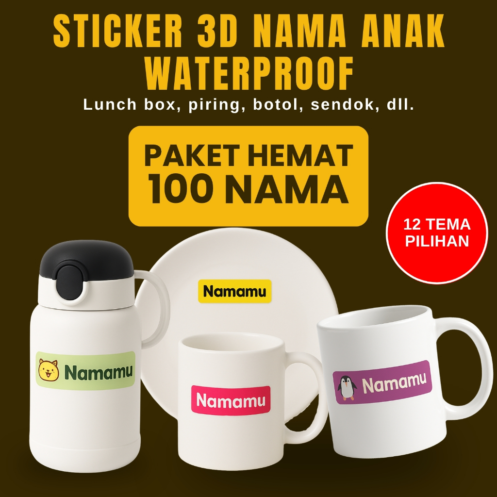 

Sticker Anak 3D 100Pcs Custom Nama Piring Sendok Botol Gelas Perabotan timbul waterproof label