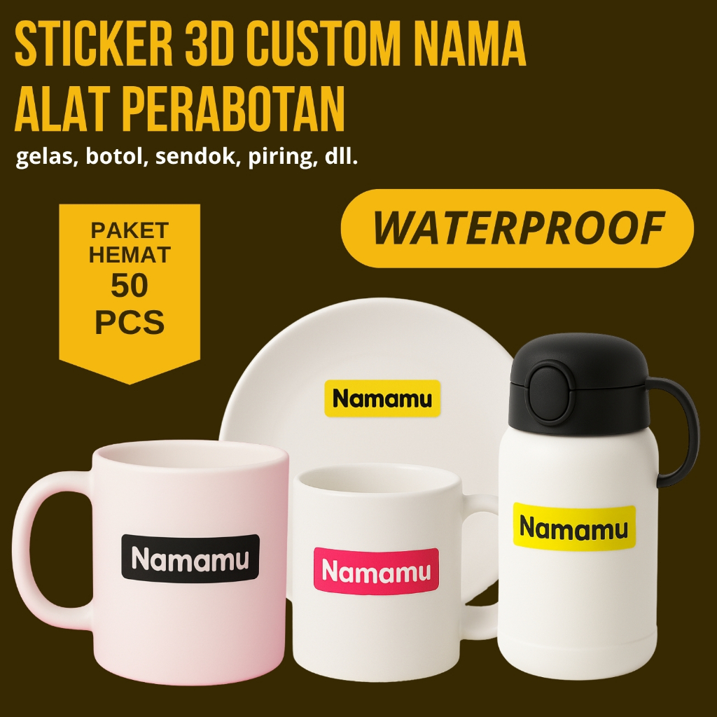 

50 Pcs Stiker Barang Custom Nama Piring Sendok Botol Gelas Perabotan timbul waterproof label