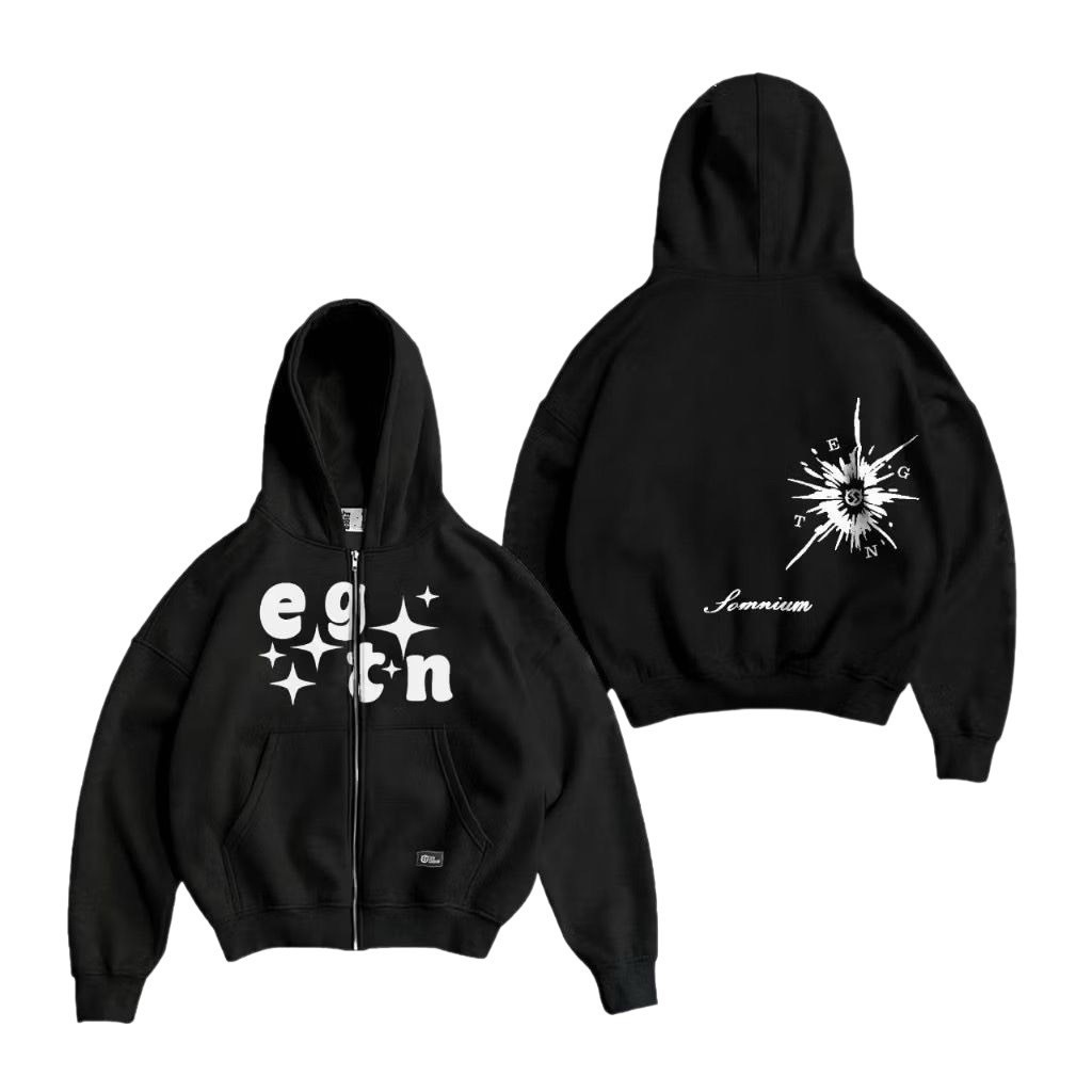 SIXTEEN - Hoodie Boxy Zipper Meteor Hitam Starboy Pria Wanita Oversize