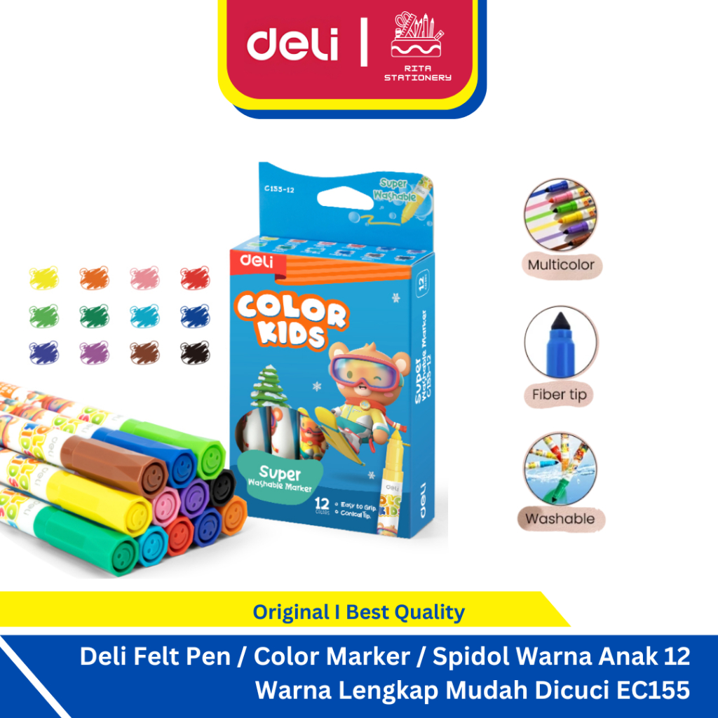 

Deli Felt Pen / Color Marker / Spidol Warna Anak 12 Warna Lengkap Mudah Dicuci EC155