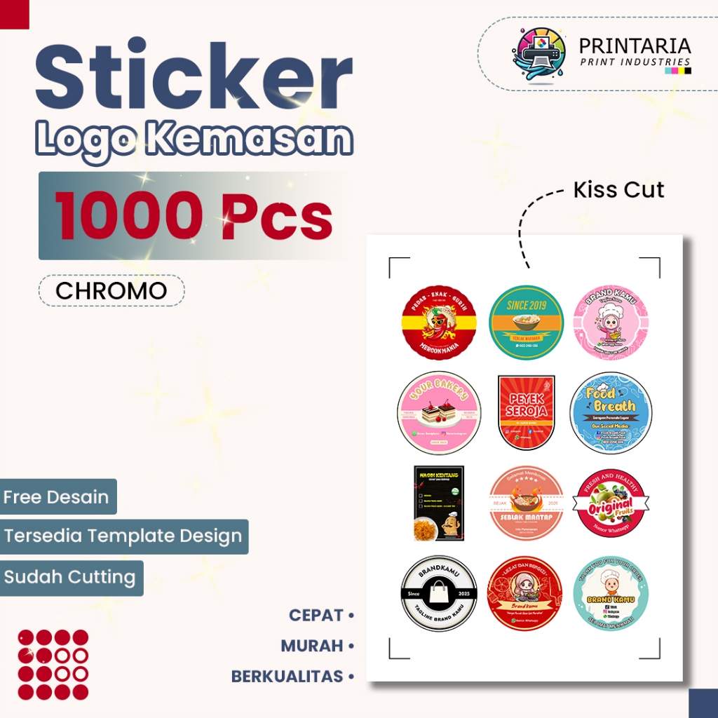 

Sticker Logo Custom | Paket 1000 Pcs Chromo | Sudah Cutting Gratis Design | Label Usaha | Makanan / Minuman