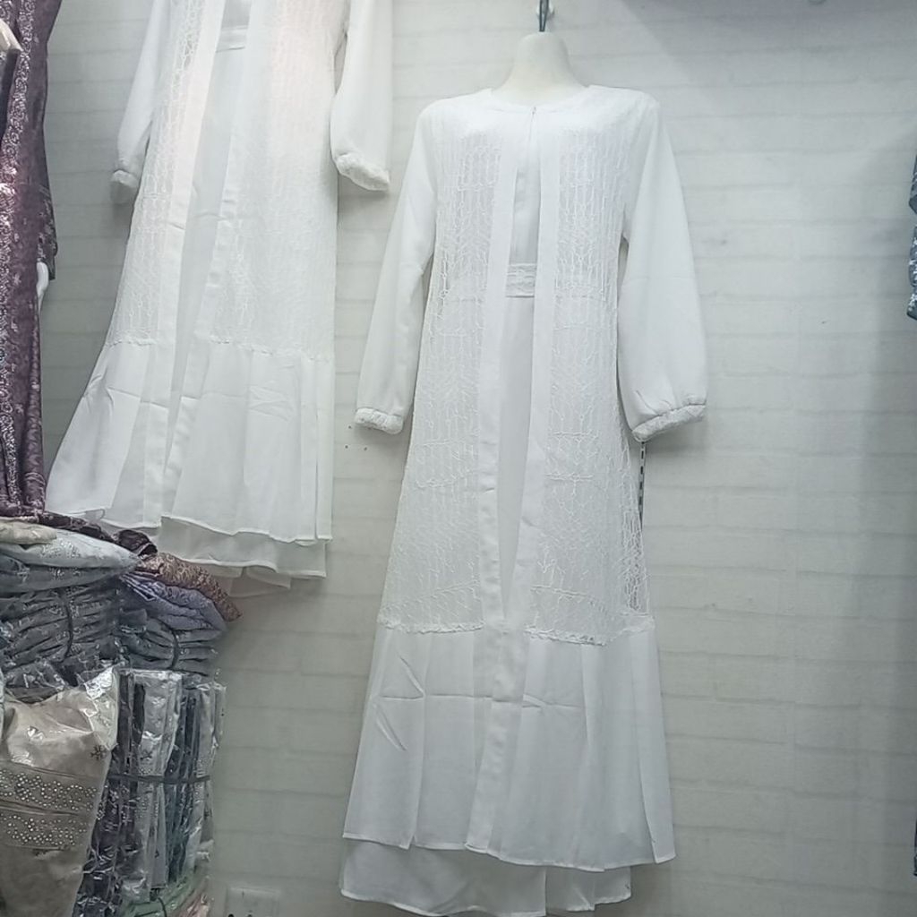 BARU DSR FASHION PAKAIAN MUSLIM WANITA DRESS GAMIS PUTIH SOFT BROKAT KOMBI CERUTTI FURING COMBET HAL