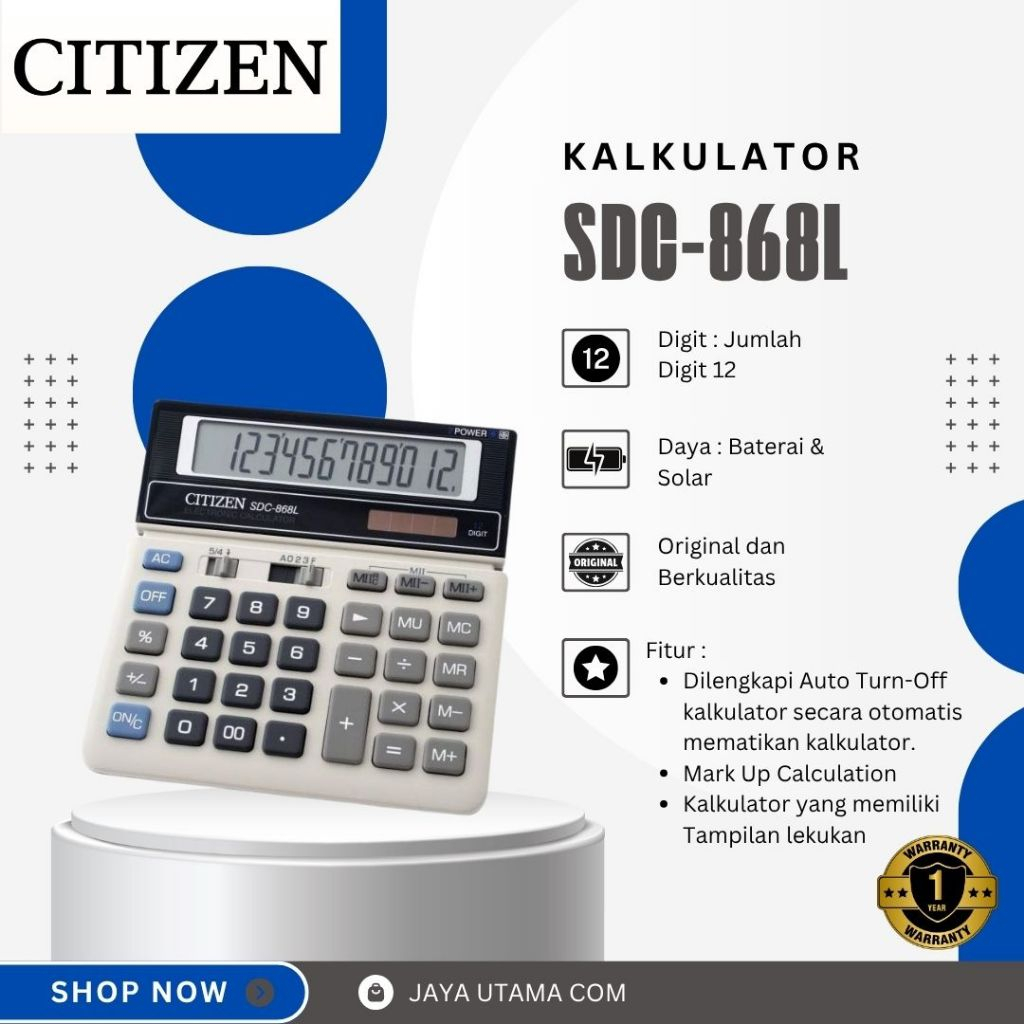 

Promo Kalkulator Citizen SDC 868L / Target MC 868L Original 12 Digit, Dual Power, Untuk Kantor &