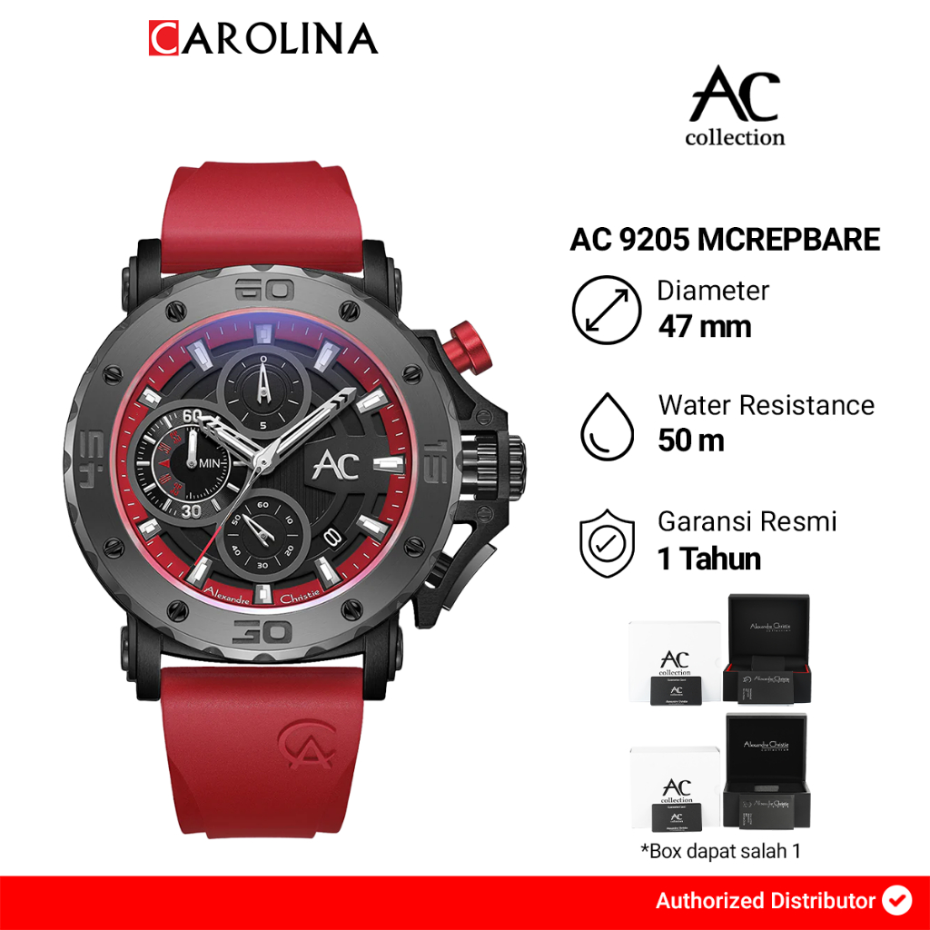 Jam Tangan Pria Alexandre Christie Chronograph AC 9205 MCREPBARE Black Dial Red Rubber Strap