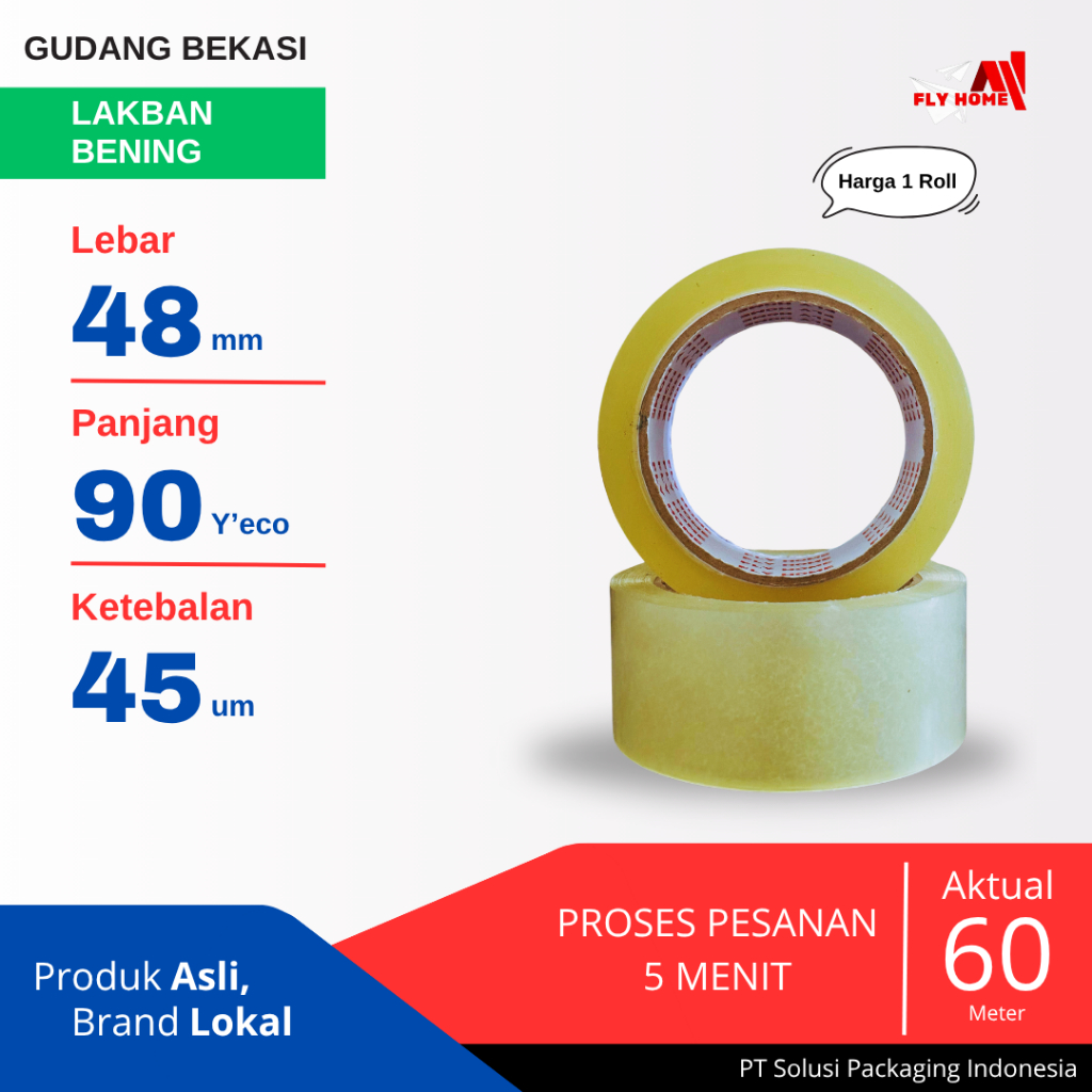 

FLYHOME 1Roll Lakban Bening 48x90Y 2inchi Solasi Uk Besar ECO 90 yard