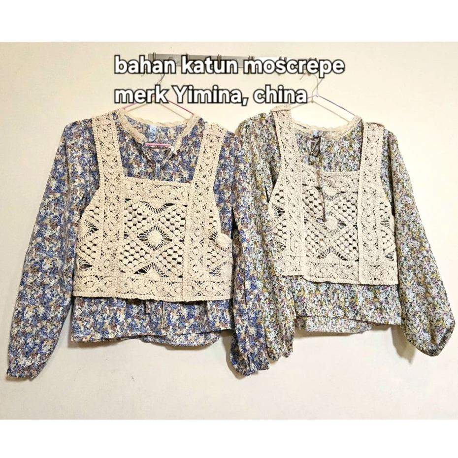 Atasan oversize GZ motif bunga lengan panjang + outer rajut bahan moscrepe merk Yimina