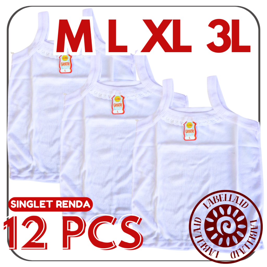 TERMURAH 12 PCS Tanktop Kaos Dalam Renda Wanita Anak Remaja Dewasa Putih Lusinan LABELLAID
