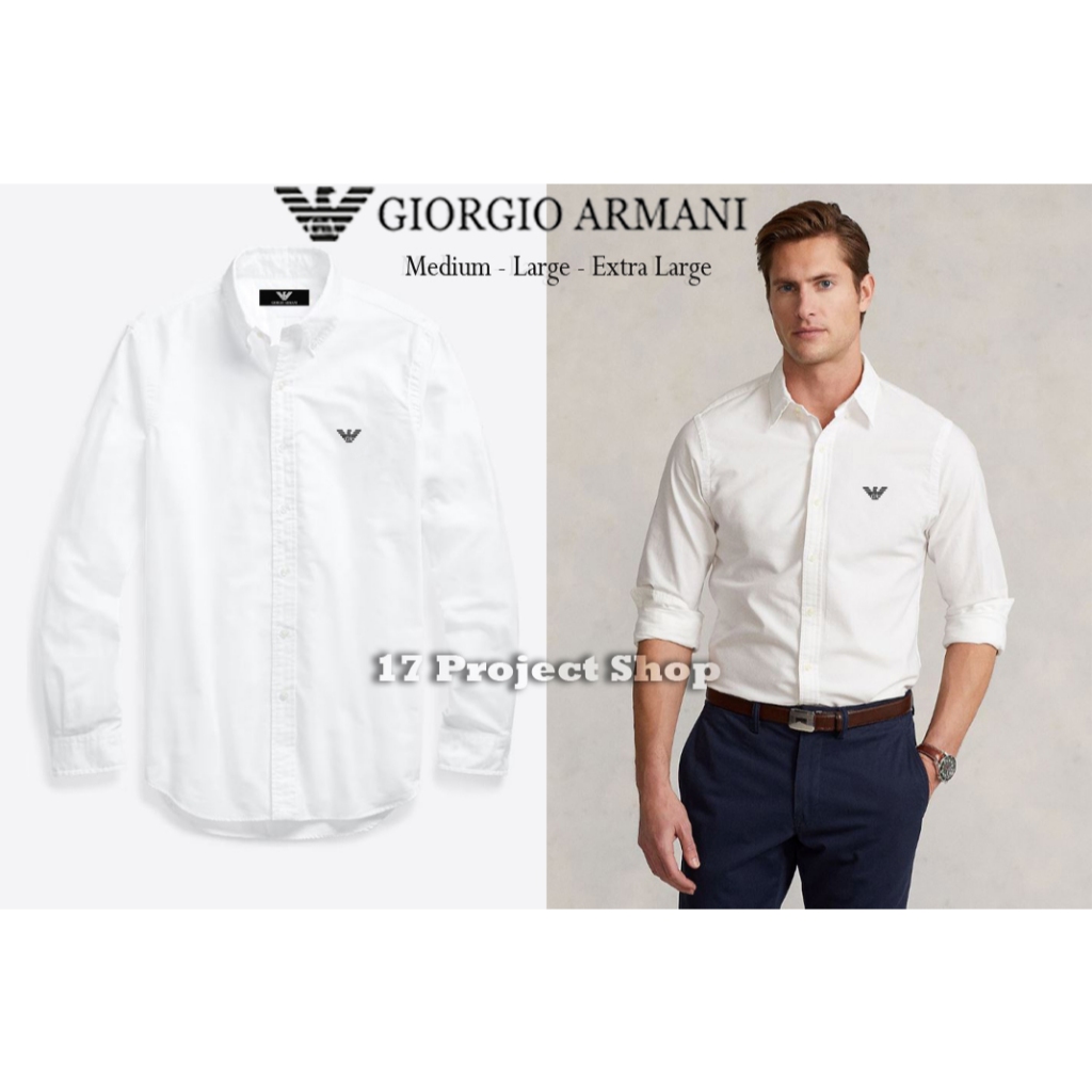 Kemeja Giorgio Armani Pria Polos Lengan Panjang Slimfit Cetak Krah Turn Down Logo Cetak Bordir