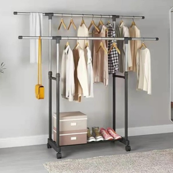 STAND HANGER GANTINGAN BAJU TOPI TAS / RAK JEMURAN GANTUNG DENGAN RODA / RAK GANTUNGAN 2 SUSUN PORTA