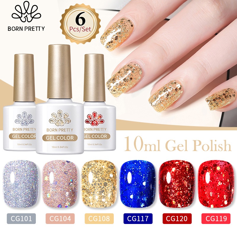 BORN PRETTY Blue Red Gold Glitter Gel Nail Gel Polish Set 10ml 6 Botol Kutek Gel Set Nail Gel Set Ku