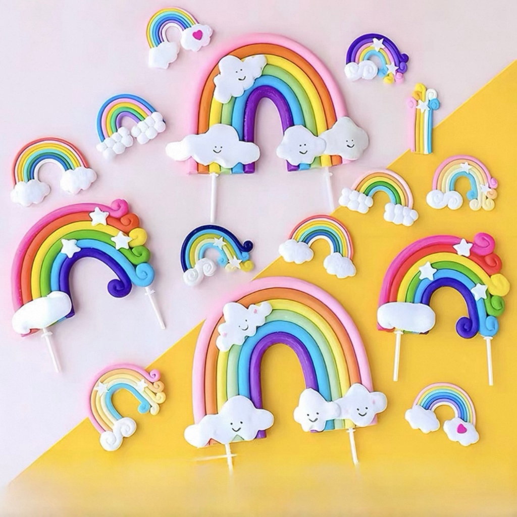 (HARGA 1PCS) CAKE TOPPER RAINBOW PELANGI BAHAN SILIKON CLAY tusukan dekorasi hiasan pajangan kue ula
