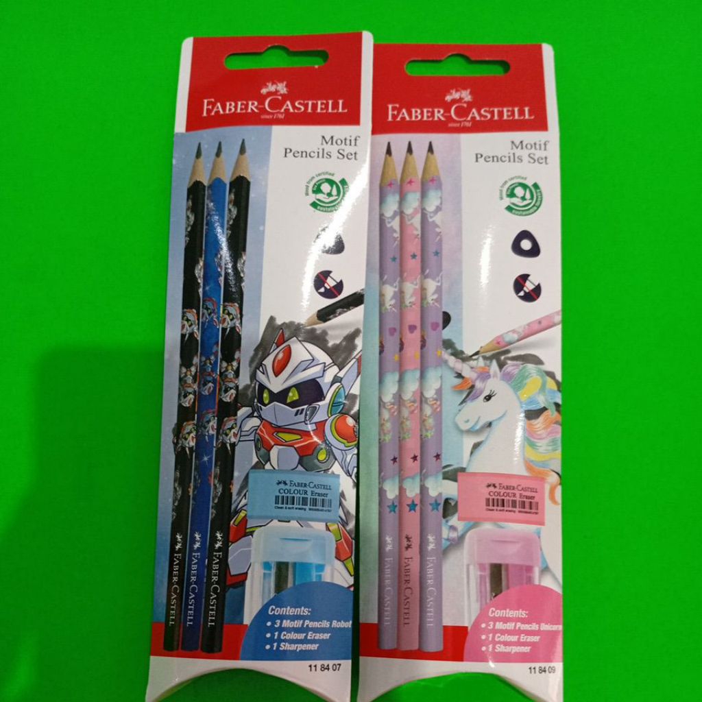 

Faber Castell pensil Motif set (isi 3 pensil + 3 color eraser + 1 sharpener)