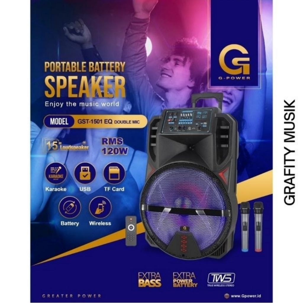 Speaker Portable Bluetooth G Power  EQ GST-1501 15 inch RMS 120 Watt Original
