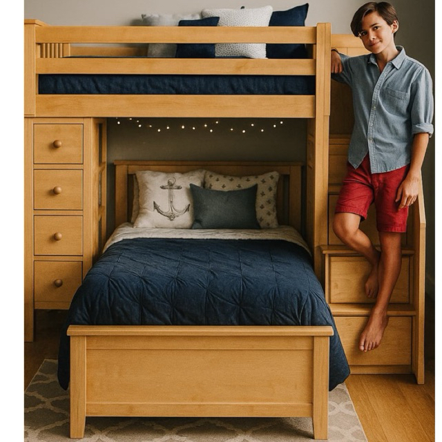 Tempat Tidur Tingkat Anak Kayu Solid Natural – Model Tangga Laci & Kasur Twin Bawah, Desain Multifun