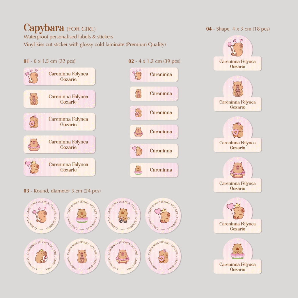 

CAPYBARA (for Girl) / SINGLE PACK (4 bentuk , 5 ukuran) / LABEL & STIKER NAMA WATERPROOF