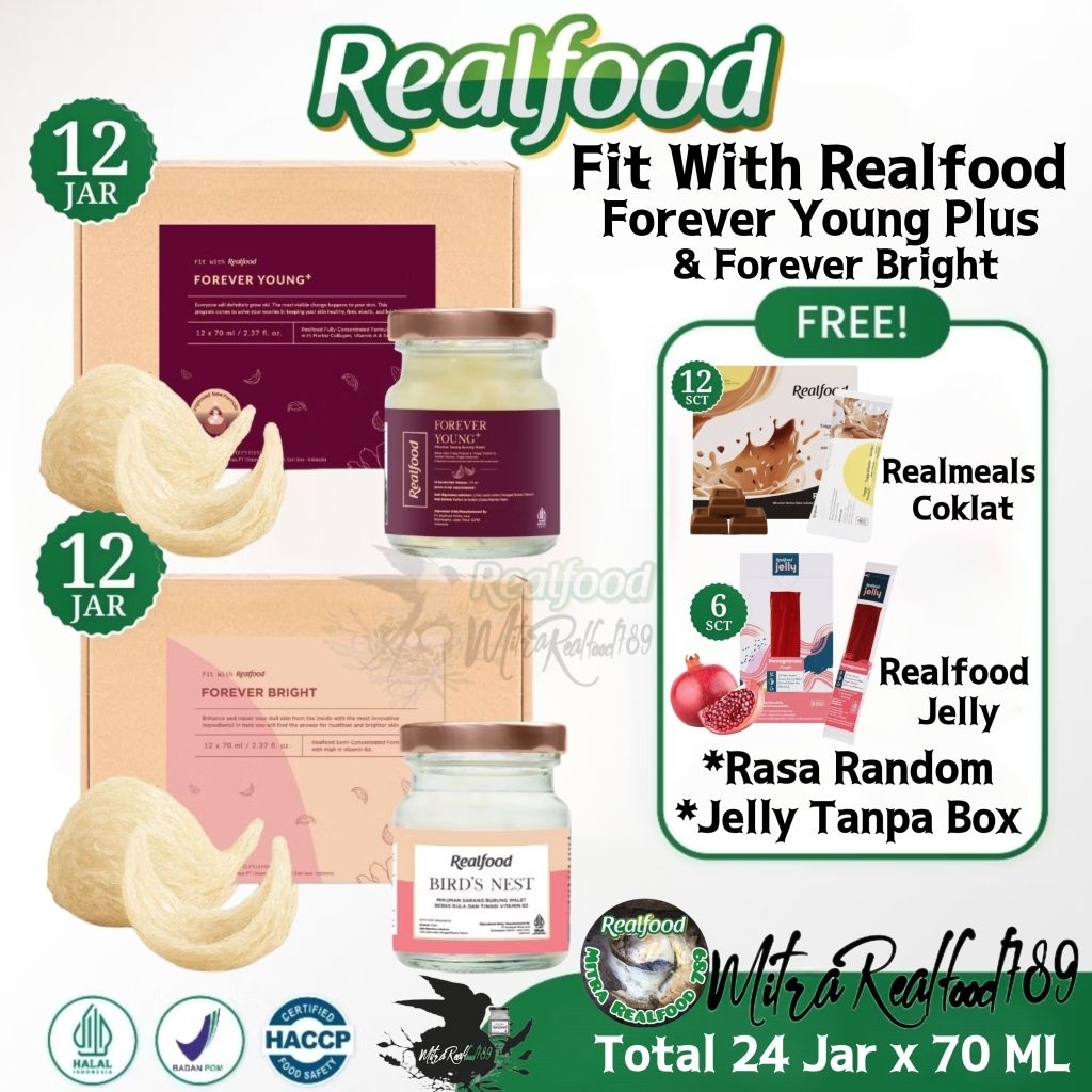 

Realfood Bundle Forever Young Plus & Forever Bright 24 Jar Bonus Realmeals 12 Sct + Jelly 6 Sct ( Minuman Sarang Burung Walet )