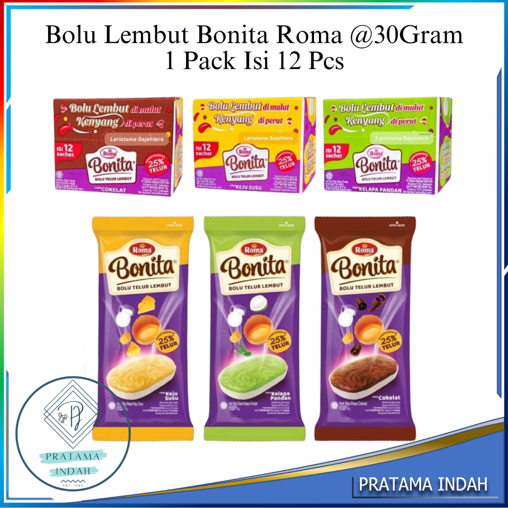 

Roma Bonita Bolu Telur Lembut 30gr Coklat, Keju Susu, Kelapa Pandan Bolu Lembut Kenyang di Perut komposisi Telur 25% Harga 1 Pack Isi 12 Pcs @30g