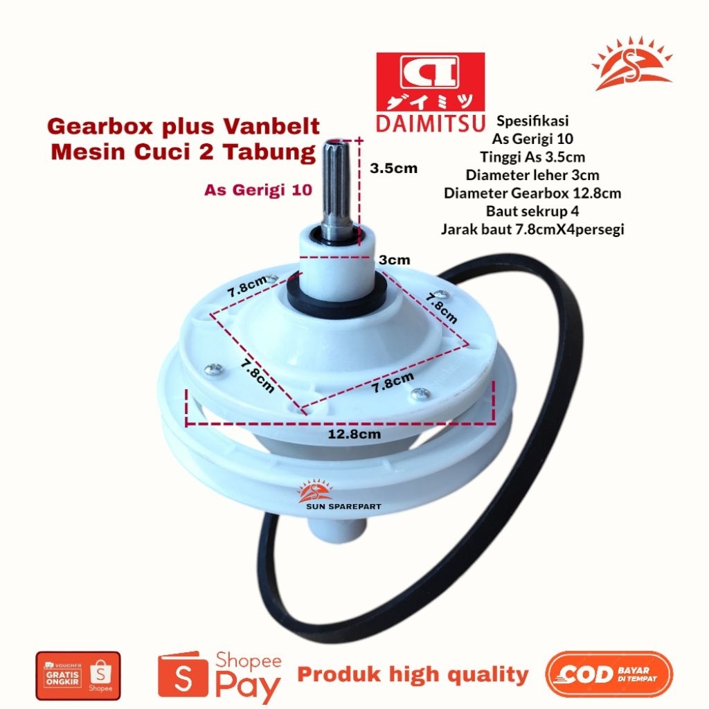 Gearbox plus Vanbelt mesin cuci 2 Tabung Daimitsu Gearbox gerigi 10 Tinggi As 3.5cm
