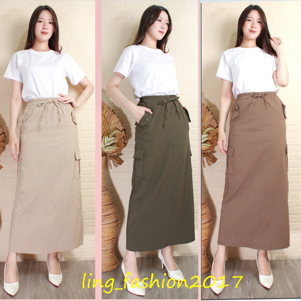 KODE M65U Rok Cargo Wanita Panjang Cargo Skirt Wanita Soft Jeans Rok Cargo Wanita Melar